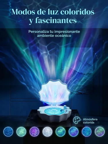 Vista 3 de Proyector de Luz de Olas del Océano, Luz Nocturna de Concha con Altavoz Bluetooth Integrado, Control Remoto, Ruidos Blancos para Decoración del Azul