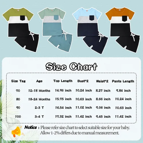 Vista 8 de Ropa para bebé niño pequeño, trajes de verano de manga corta, camiseta de retazos y pantalón con bolsillo, conjunto de 2 piezas, 12 meses a 4 años