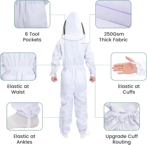 Vista 3 de Trajes de abeja para hombres y mujeres, trajes de apicultor con guantes y 2 capucha de velo a prueba de picaduras, traje de apicultura de cuerpo