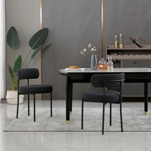 Vista 7 de DYHOME - Juego de 2 sillas de comedor de bouclé negro, sillas de cocina modernas de mediados de siglo con respaldo curvo y patas de metal, sillas