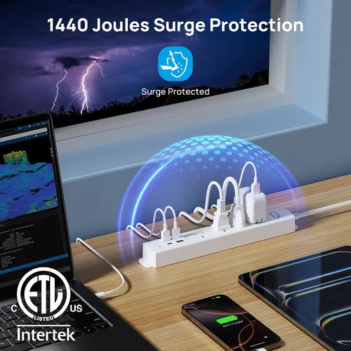 Vista 6 de TROND Regleta de protección contra sobretensiones con USB, enchufe plano ultrafino, cable de extensión de 3 pies de 1625 W, 3 USB A y 1 tipo C, 4