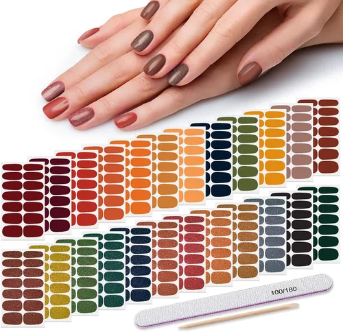 Vista 10 de Tiras de esmalte de uñas, color sólido, 24 hojas de calcomanías adhesivas de esmalte de uñas, envolturas completas de uñas de gel para mujeres