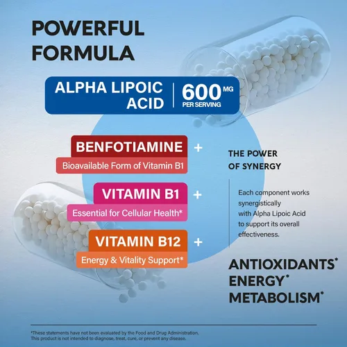 Vista 6 de Ácido Alfa Lipóico 600mg - Suplemento de ALA Antioxidante para el Apoyo a los Nervios, Energía y Metabolismo - Fuerza Extra con Benfotiamina, B1