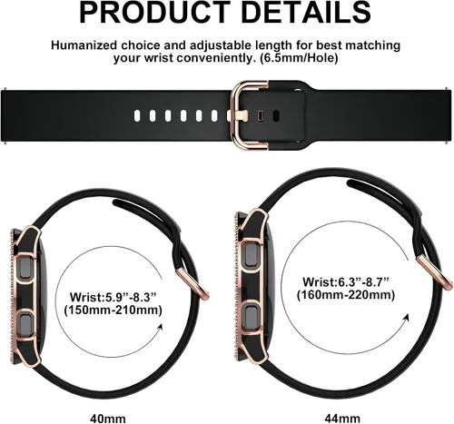 Vista 7 de DABAOZA Compatible con Samsung Galaxy Watch 4 5 Banda de 1.575 y 1.732 pulgadas con funda de parachoques con purpurina, correa ajustable suave y oro