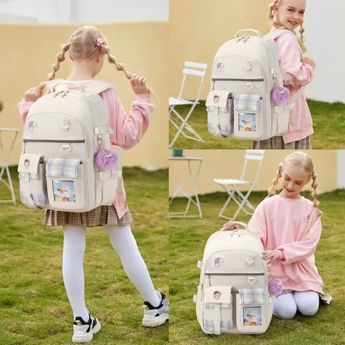 Vista 5 de Mochila para niñas de 15.6 pulgadas para laptop, bolsa escolar para niños de primaria y universidad, mochilas y bolsos escolares para niñas Beige