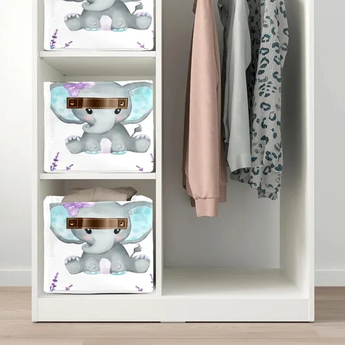 Vista 5 de Canasta de almacenamiento personalizada de elefante verde azulado con nombre, caja de almacenamiento grande con asas para el hogar, oficina