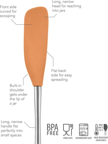 Vista 4 de Tovolo Espátula para Frascos de Silicona con Mango Largo de Acero Inoxidable Espátula Raspadora Naranja Albaricoque, Raspador de Frascos Resistente