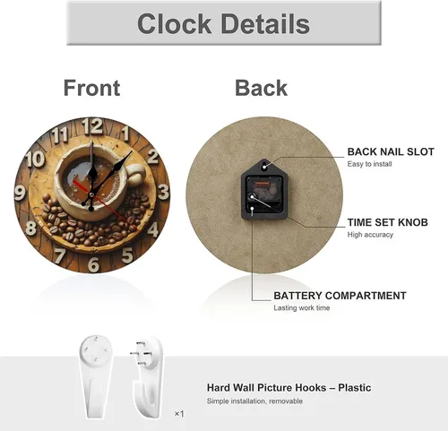 Vista 3 de Reloj de pared para decoración del hogar, diseño rústico de taza de café marrón, con estampado de taza A, funciona con pilas, silencioso, sin