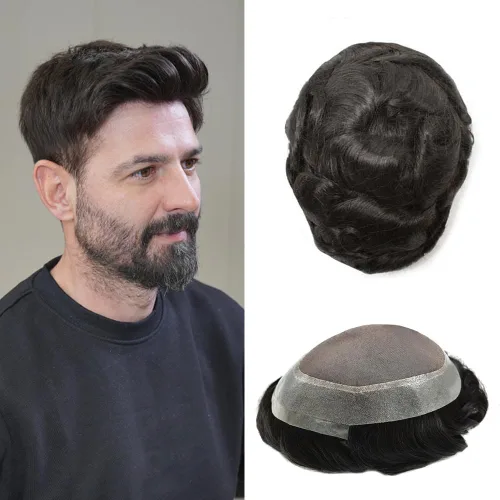 Vista 65 de Toupee para hombres Piezas de pelo fino mono para hombre Toupee sistema de reemplazo de pelo para hombres línea capilar natural para hombre postizo