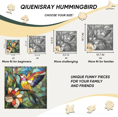 Vista 2 de Qiuenisray Rompecabezas de madera para adultos, rompecabezas de colibrí de vidrio emplomado de 200 piezas, rompecabezas de madera