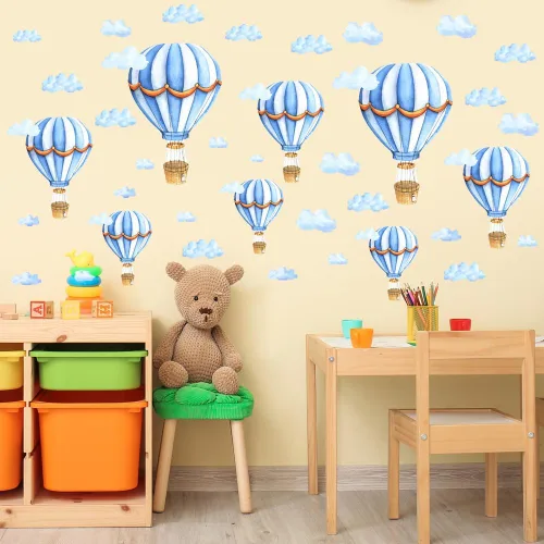 Vista 7 de Calcomanías de pared extraíbles para globos de aire caliente grandes, calcomanías de vinilo de nubes azules, autoadhesivos, murales artísticos