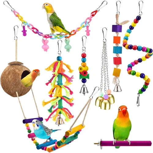 Vista 8 de KATUMO Juguetes para pájaros, periquito columpio escalera de loro cacatúa, perca, conure, campana colgante, juguetes para periquito, conure