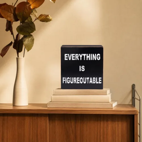 Vista 7 de Decoración negra para escritorio de oficina en casa, letrero de caja con texto en inglés «Everything is Figureoutable», decoraciones de oficina