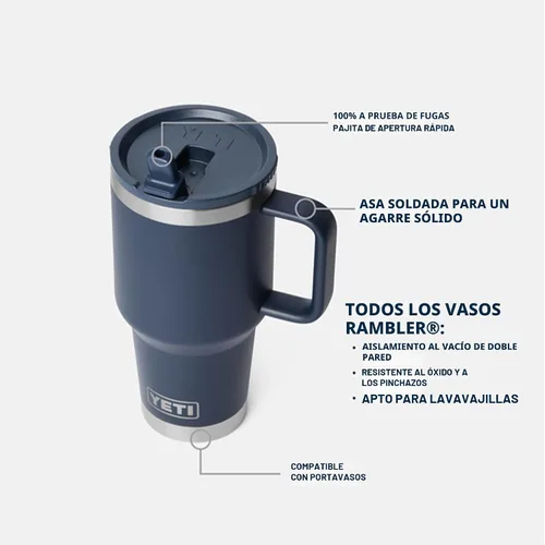 Vista 2 de YETI Rambler - Taza de viaje de 30 oz con tapa con pajita abatible - Acero inoxidable, aislada al vacío, a prueba de fugas, compatible con Negro