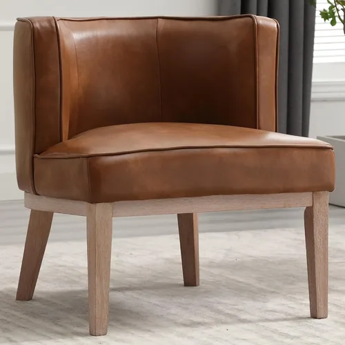 Vista 5 de BESTANO Silla decorativa con brazos de barril con patas de madera, cómoda silla lateral redonda de cuero marrón, sillas de lectura tapizadas