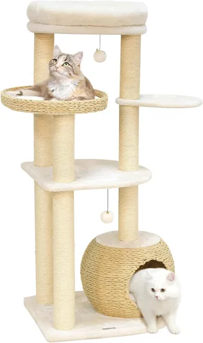 Vista 8 de KAMABOKO Árbol Moderno para Gatos, Torre de 53 pulgadas para Gatos de Interior, Postes Rascadores de Sisal Natural, Condominio Tejido a Mano
