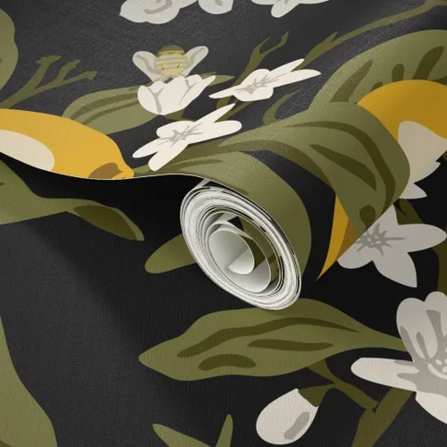 Vista 2 de Papel tapiz para despegar y pegar, abejas, limones, negro, grande, moderno, cítrico, tradicional, extraíble, por Spoonflower