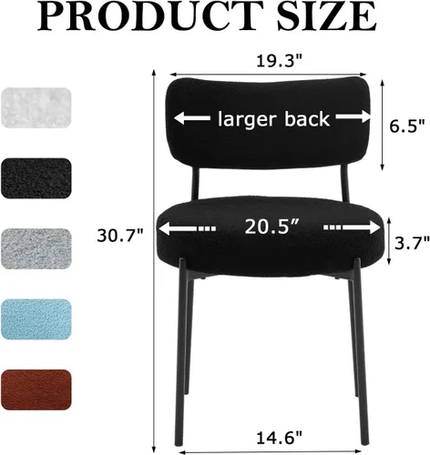 Vista 2 de Boucle - Juego de 2 sillas de comedor, modernas sillas de cocina tapizadas de mediados de siglo con respaldo curvado y patas de metal negro, sillas