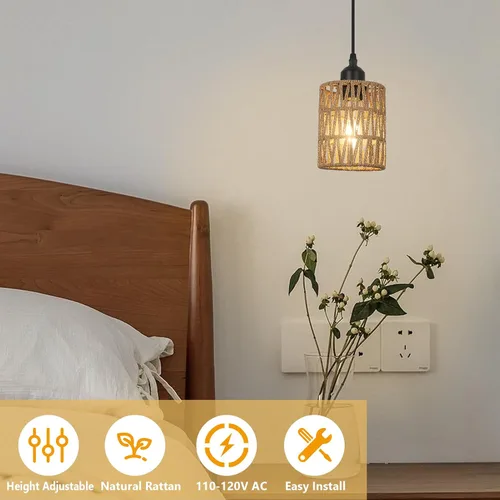 Vista 2 de LAMSU Lámparas colgantes de ratán de 1 luz, iluminación colgante bohemia de granja con pantalla tejida a mano de 4.7×5.9 pulgadas, pequeña lámpara