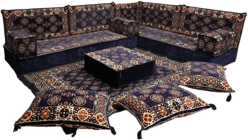Vista 167 de arabicsofa Juego de asientos Jalsa en forma de L – Majlis árabe hecho a mano con almohadas de respaldo