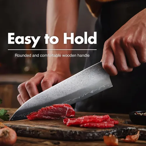 Vista 6 de Miyake Cuchillo de chef japonés Gyuto de 7.5 pulgadas, cuchillo de cocina afilado de acero inoxidable 9Cr18MoV con mango G10 y madera de Pakkawood