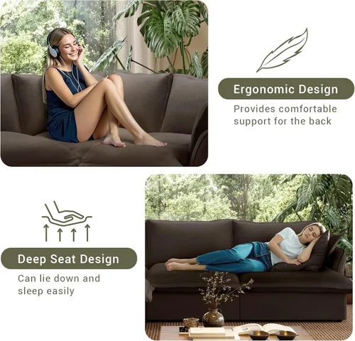 Vista 7 de Sofá modular de mezcla de lino para sala de estar, cómodo sofá modular con relleno de plumón, moderno sofá cama convertible con asiento profundo