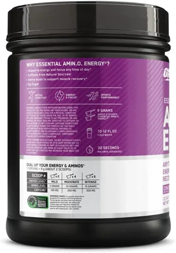 Vista 7 de Optimum Nutrition Amino Energy - Polvo energético para antes del entrenamiento con té verde, BCAA, aminoácidos, extracto de café verde, sabor uva