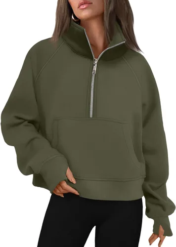 Vista 10 de AUTOMET Sudaderas con media cremallera para mujer, sudadera corta de vellón con cremallera de un cuarto, sudaderas con capucha para el otoño, a