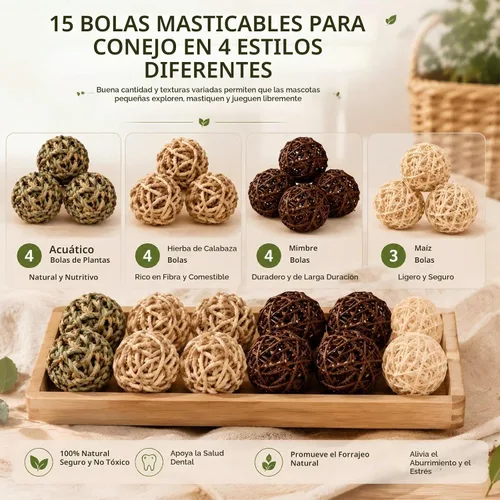 Vista 5 de Skylety 15 bolas masticables de conejo para conejos, juguetes de hierba rodante de animales pequeños y golosinas para conejillos de indias