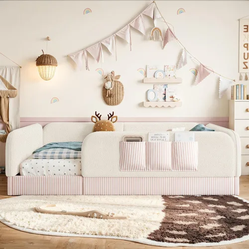 Vista 3 de Queen Teddy Floor Bed with Safety Rails Storage Pocket，Beige- Q：Queen