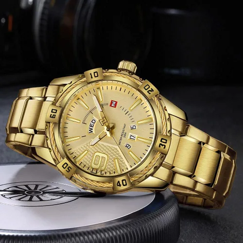Vista 3 de FANMIS Reloj analógico de lujo para hombre, con fecha de cuarzo, impermeable, de acero inoxidable, Oro, Reloj de cuarzo