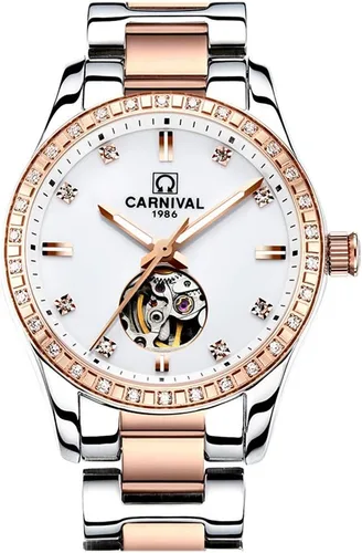 Vista 20 de Carnival Reloj de mujer con esqueleto mecánico automático, cristal de zafiro sintético, oro rosa, acero inoxidable, impermeable, color blanco