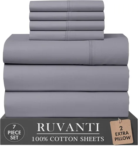 Vista 100 de RUVANTI Juego de sábanas de 4 piezas de algodón 100% natural de percal suave, ligero y transpirable, con bolsillos profundos de 16 pulgadas