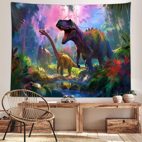 Vista 2 de Tapiz decorativo de dinosaurio para dormitorio de niños, genial animal antiguo T-Rex Forest Art Tapices para colgar en la pared, póster