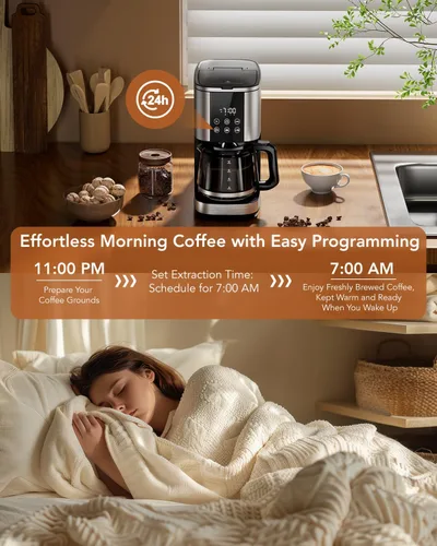 Vista 3 de COWSAR Cafetera Programable de 24 Horas - Máquina de Café de Goteo con Capacidad de 10 Tazas, Modo de Elaboración Fuerte, Pausa Automática, Función