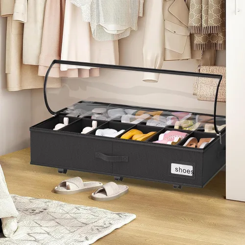 Vista 8 de homyfort Almacenamiento de zapatos debajo de la cama con ruedas, se adapta a 24 pares, organizador de zapatos rodante con soporte inferior y tapas