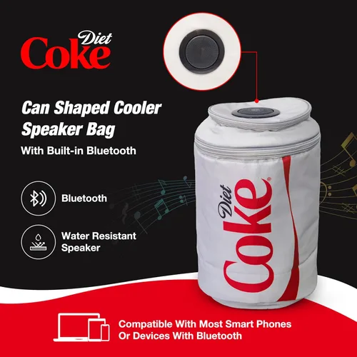 Vista 8 de Bolsa enfriadora con forma de lata de Coca Cola con altavoz Bluetooth, tiempo de reproducción de 5 horas, correas ajustables, cremalleras, tela