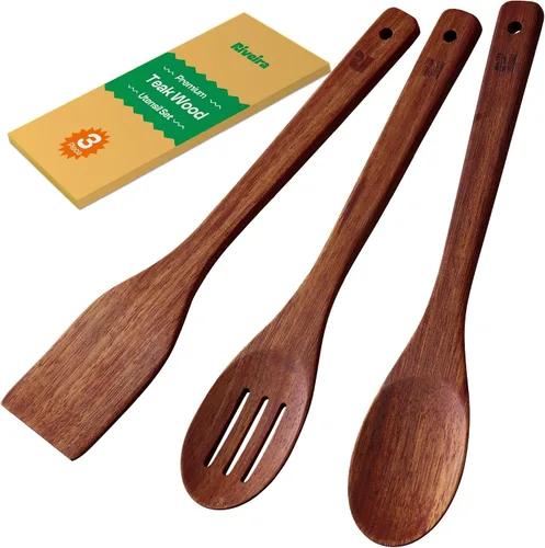 Vista 17 de Riveira Cucharas de madera de bambú para cocinar, 3 piezas, espátula de madera esencial para apartamento, cuchara antiadherente, juego de utensilios