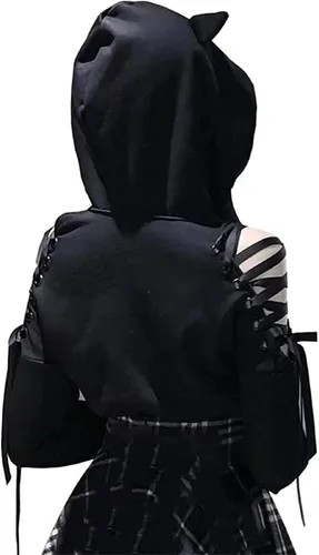 Vista 4 de Sudadera con capucha con orejas de gato para mujer, manga larga, hombros descubiertos, bonita sudadera con capucha
