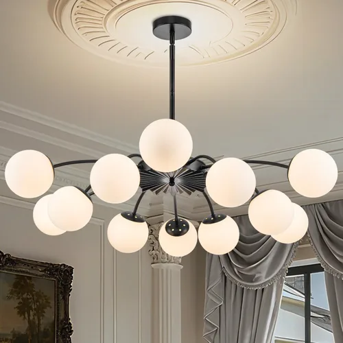 Vista 9 de Longree Sputnik - Lámpara de techo semiempotrada con forma de globo de vidrio de leche de 6 luces, color dorado, arte de mediados de siglo, moderna
