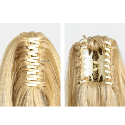 Vista 3 de Extensiones de cabello rubio, extensiones de cola de caballo para mujer, extensiones de cabello rizado de 12 pulgadas, extensiones de cabello