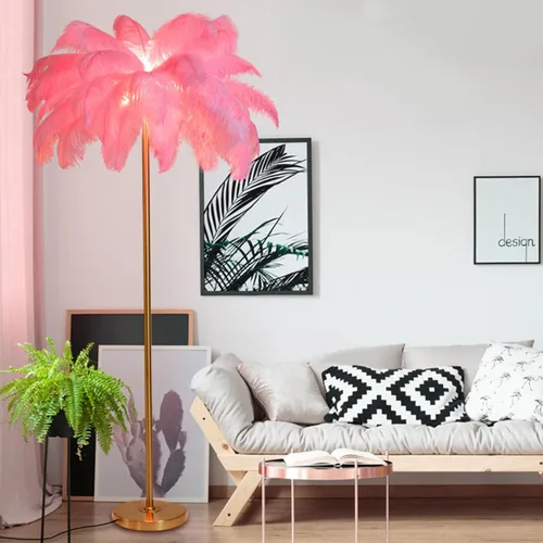 Vista 6 de Lámpara de pie moderna, pantalla de avestruz natural, lámpara de pie con luz blanca, cuerpo de lámpara dorado con cable enchufable, lámpara de pie