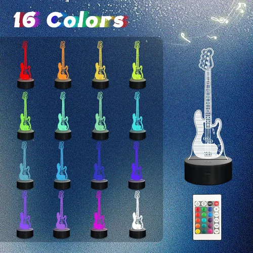 Vista 2 de CoolGift Mart Luz Nocturna de Guitarra Bajo, Lámpara LED 3D de Ilusión Óptica con Control Remoto y Temporizador, Regalos para Jugadores de Guitarra