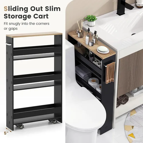 Vista 5 de COSTWAY Carrito de almacenamiento delgado y rodante, carrito utilitario rodante de 4 niveles, carrito de almacenamiento de cocina de madera con asa