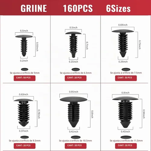 Vista 2 de 160 piezas de clips de retención de guardabarros estilo árbol de Navidad 6mm/7mm/8mm/9mm/10mm/11mm de nylon, surtido universal de cierres