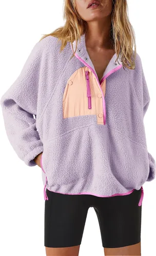 Vista 14 de Nirovien - Chaqueta de forro polar con capucha para mujer, manga larga, sherpa, sudadera mullida, abrigada, con botones y bolsillos Un rosa
