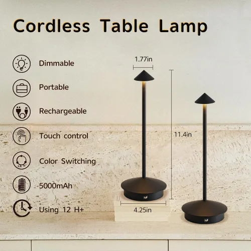 Vista 4 de Paquete de 2 lámparas de mesa inalámbricas de aluminio, lámparas de mesa recargables de 6000 mAh, lámpara LED táctil portátil, lámparas de mesa Negro