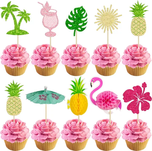 Vista 23 de 36 piezas de adornos para cupcakes de piña verde con purpurina verde para Luau despedida de soltera, fiesta de verano tropical, decoración
