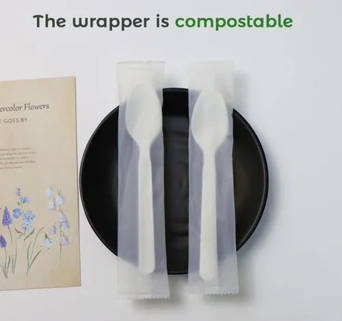 Vista 2 de GreenWorks 500 cucharas compostables de 7 pulgadas de alta resistencia, con certificación BPI envueltas individualmente con envoltura compostable