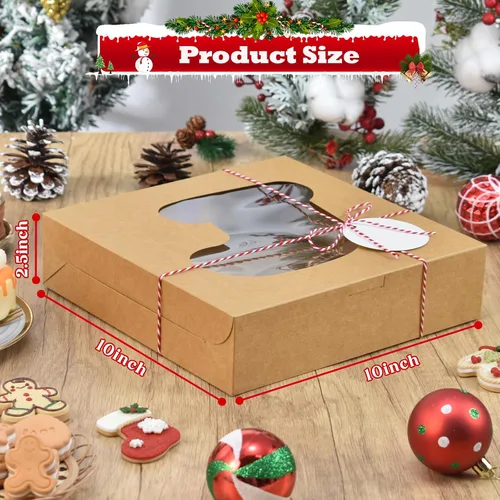 Vista 3 de COTOPHER 18 cajas de galletas de Navidad con ventana, 10 x 10 x 2.5 pulgadas, cajas de panadería marrones para regalo, cajas de postre de papel